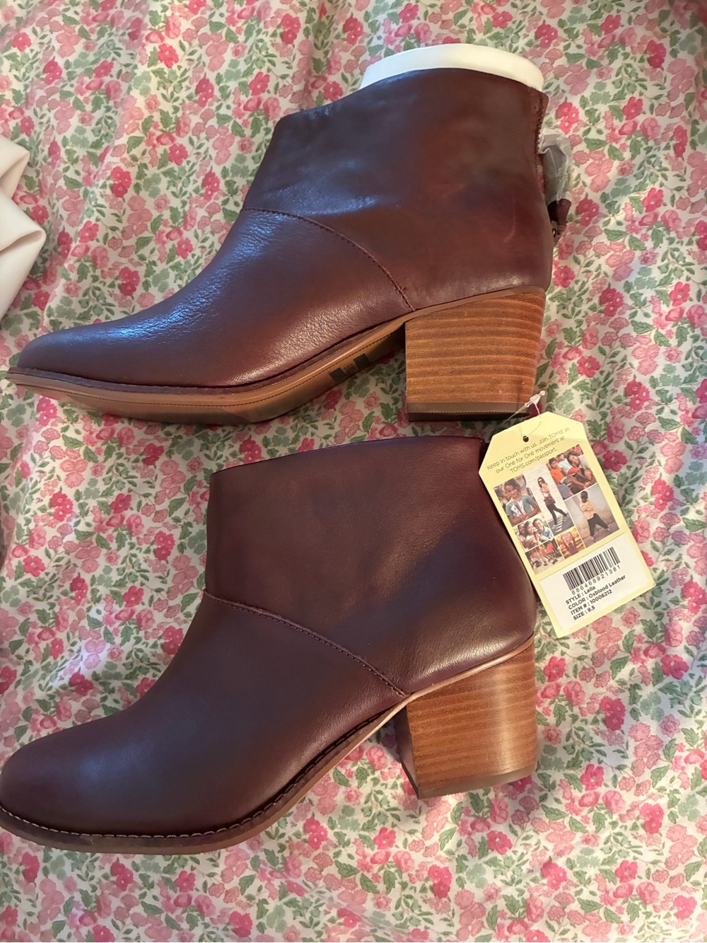Toms Brown Leather Ankle Booties with Stacked Heel